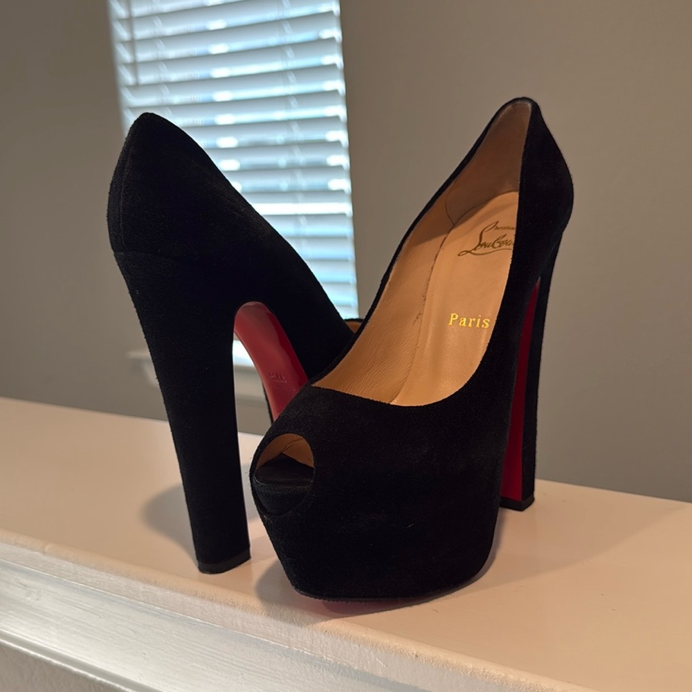 Christian Louboutin Black Suede Platform Peep Toe Heels Red Sole | 37.5